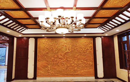 宣化中式别墅客厅中式木作横梁吊顶装饰展示